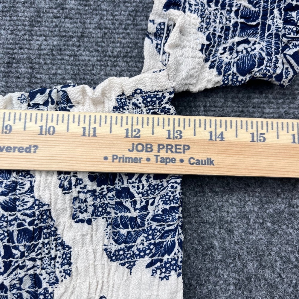Coverstitch Floral Smocked Boho Off Shoulder Blue White Romper - Picture 6 of 6